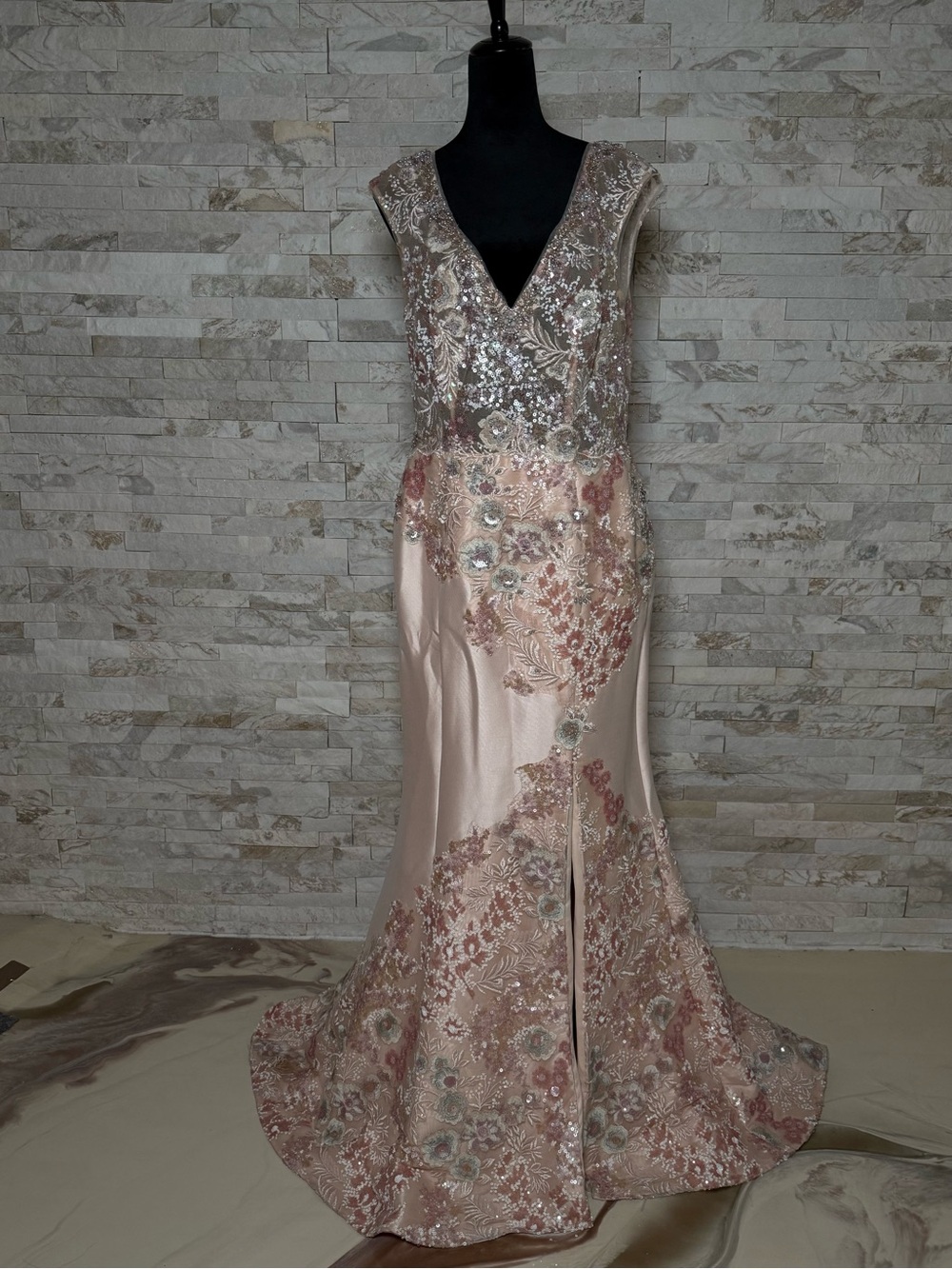 Terani Couture Blush & Silver Embellished V‑Neck Evening Gown | mother of bride